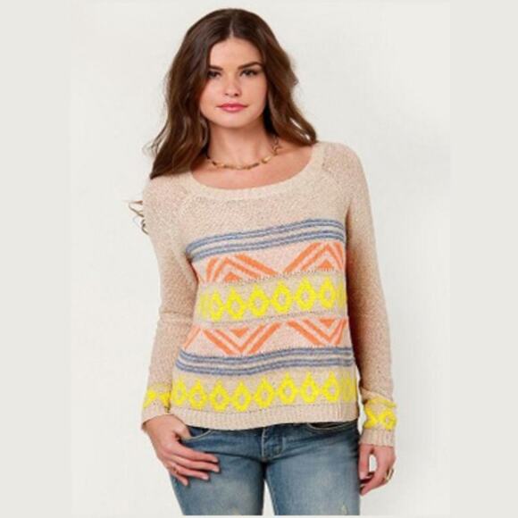 Lulus Boho Aztec Embroidered Print Lightweight Knit Sweater Beige - Picture 1 of 6